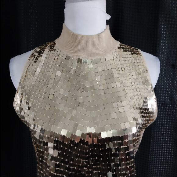 BELLDINI! GORGEOUS GOLDEN SEQUINNED SHEATH TOP, KNIT BASE, ZIPPER BACK! SZ L - Picture 3 of 10